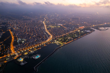Aerial city center and port at night. Samsun, Turkeyの写真素材