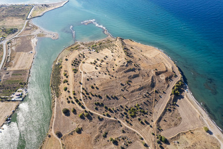 Myrina Sebatepolis Ancient City, Aliaga . Turkey, izmir. A new archaeological site. Aerial view of the city and the sea.の写真素材