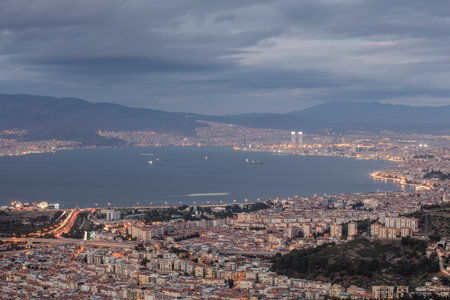 Beautiful Izmir Gulf view from Balcova town. Long exposure photo at night.の写真素材