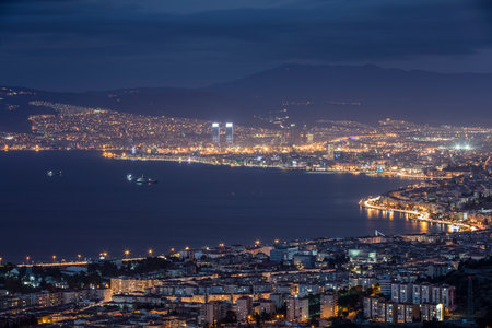 Beautiful Izmir Gulf view from Balcova town. Long exposure photo at night.の写真素材