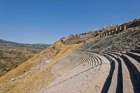 Pergamon Ancient City drone view in Bergama Town of Turkey