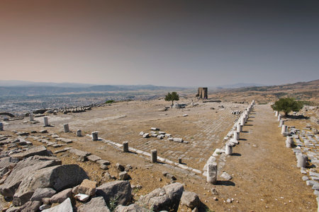 Pergamon Ancient City drone view in Bergama Town of Turkeyの写真素材