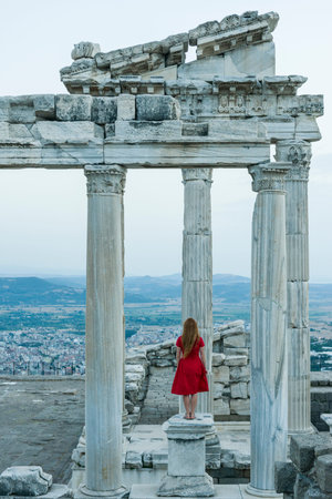 Pergamon Ancient City drone view in Bergama Town of Turkey