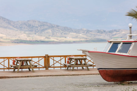 boat on the shore of the Dead Sea in Israel. selective focus