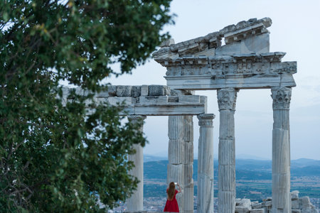 Pergamon Ancient City drone view in Bergama Town of Turkeyの写真素材