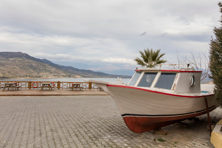 Boat on the shore of the island of Crete, Greeceの写真素材
