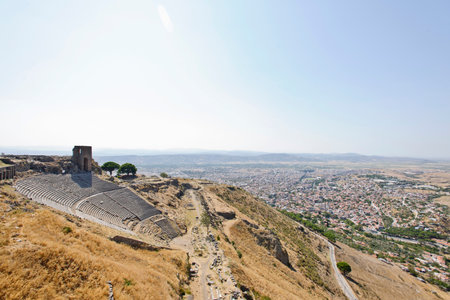 Pergamon Ancient City drone view in Bergama Town of Turkeyの写真素材