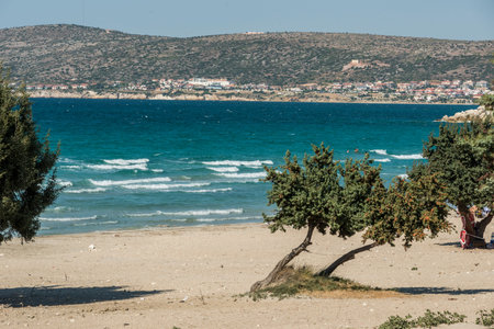 View of the beach and the sea in the city of Rhodes, Greece