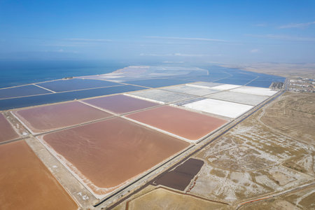 Salt evaporation ponds at the coast of the Dead Sea in Israelの写真素材