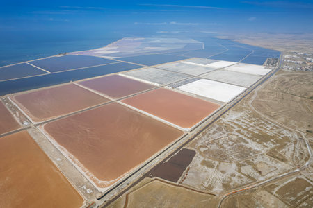 Salt lake aerial view. Pure evaporation ponds.の写真素材