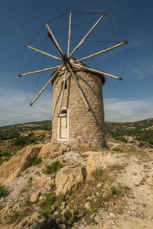 Eski Foca windmill, landmarks in Foca on the Aegean coast, Turkey