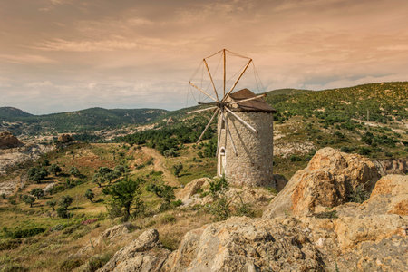Eski Foca windmill, landmarks in Foca on the Aegean coast, Turkey