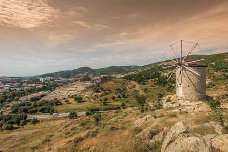 Eski Foca windmill, landmarks in Foca on the Aegean coast, Turkeyの写真素材