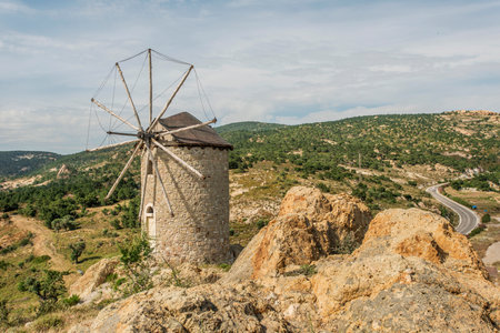 Eski Foca windmill, landmarks in Foca on the Aegean coast, Turkeyの写真素材