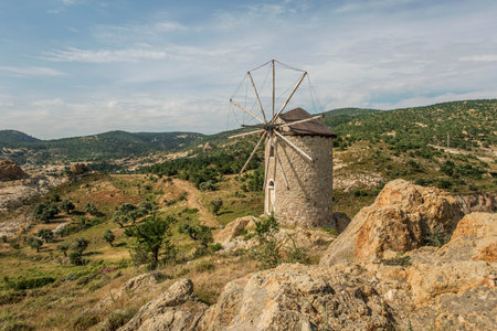 Eski Foca windmill, landmarks in Foca on the Aegean coast, Turkey