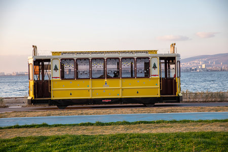 Nostalgic tram running in Alsancak district. Tram names crispy, Boyoz and Cigdem.の写真素材