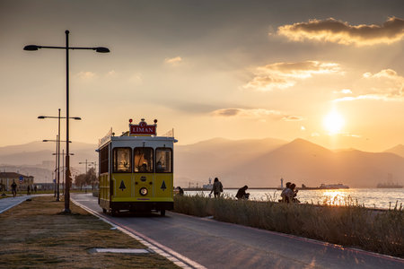 Nostalgic tram running in Alsancak district. Tram names crispy, Boyoz and Cigdem.の写真素材