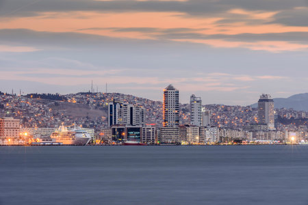 View of Izmir Bay in the evening from the high hill of Bayrakli. Long exposure, low light.の写真素材