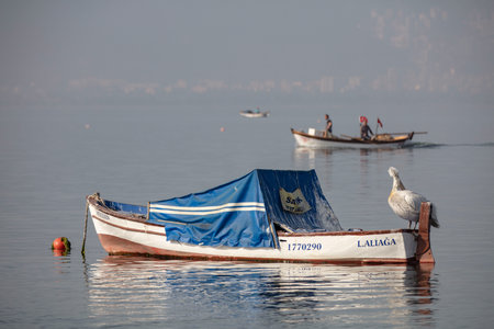 Fishing boats in Mavisehir Harbor of Izmir Cityの写真素材