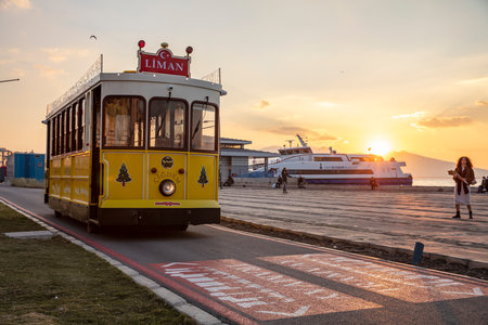 Nostalgic tram running in Alsancak district.の写真素材