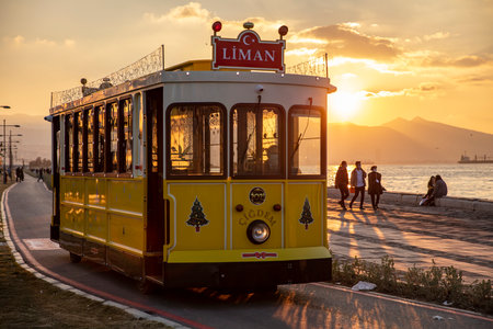Nostalgic tram running in Alsancak district. Tram names crispy, Boyoz and Cigdem.の写真素材