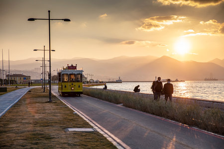 Nostalgic tram running in Alsancak district. Tram names crispy, Boyoz and Cigdem.の写真素材