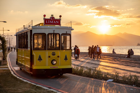 Nostalgic tram running in Alsancak district. Tram names Boyoz and Cigdem.の写真素材