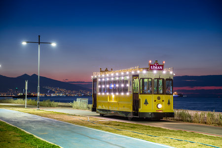 Nostalgic tram running in Alsancak district. Tram names crispy, Boyoz and Cigdem.の写真素材