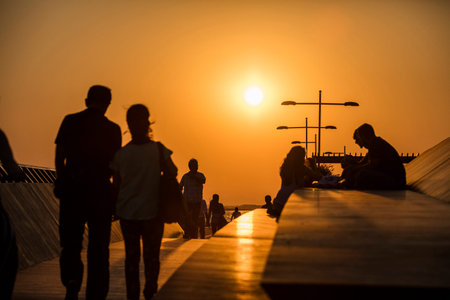 People doing sports in the morning on the Bostanli shore. Bostanli is a neighborhood of Karsiyaka province of Izmirの写真素材