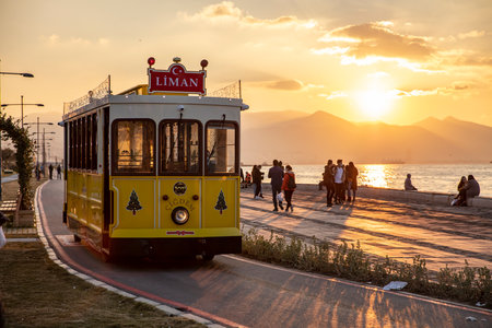 Nostalgic tram running in Alsancak district. Tram names crispy, Boyoz and Cigdem.の写真素材