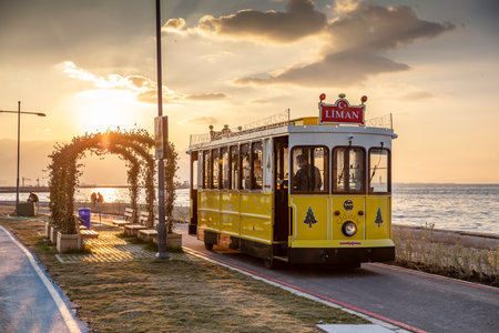 Nostalgic tram running in Alsancak district. Tram names Boyoz and Cigdem.の写真素材
