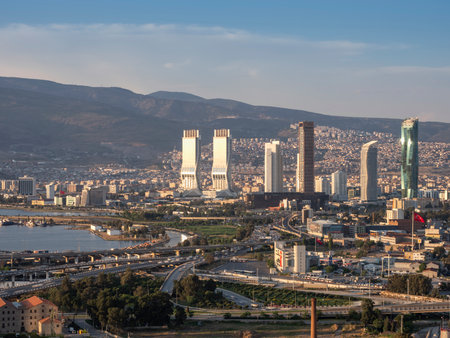 Panoramic izmir city photo taken with night long exposure technique, with plenty of lightの写真素材