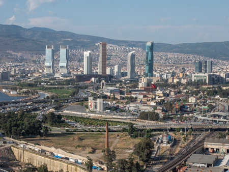 Panoramic izmir city photo taken with night long exposure technique, with plenty of lightの写真素材