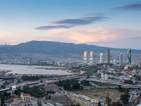 Panoramic izmir city photo taken with night long exposure technique, with plenty of lightの写真素材