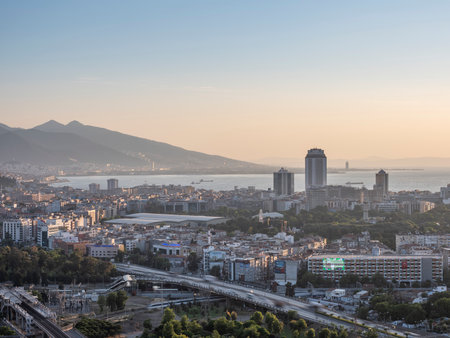 Panoramic izmir city photo taken with night long exposure technique, with plenty of lightの写真素材