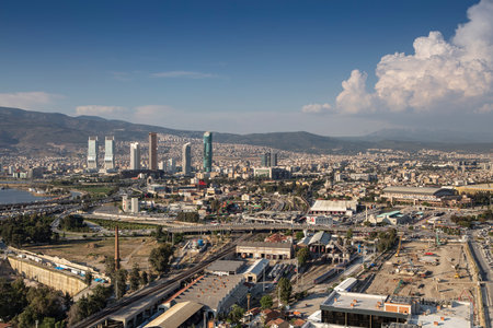 Panoramic izmir city photo taken with night long exposure technique, with plenty of lightの写真素材