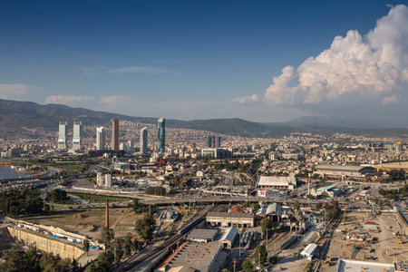 Panoramic izmir city photo taken with night long exposure technique, with plenty of lightの写真素材