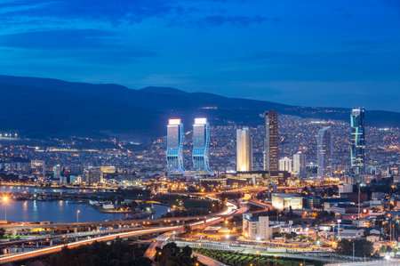 Panoramic izmir city photo taken with night long exposure technique, with plenty of lightの写真素材
