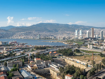 Panoramic izmir city photo taken with night long exposure technique, with plenty of lightの写真素材