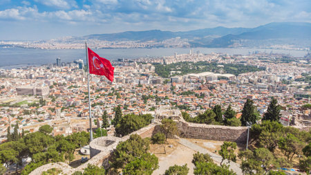 View from Kadifekale Castle, locally known as Kadifekale is an ancient castle lies on a mountain in the center of the city of Izmir, Turkey.の写真素材