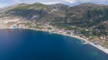 Cinarli Village view from sea in Marmara Island of Turkey. Aerial view of Marmara island Cinarli , Turkey. Marmara island view from sea in Turkey.の写真素材