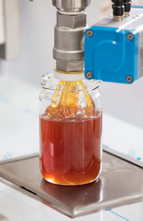 Filling empty jars with fresh honey in factory.