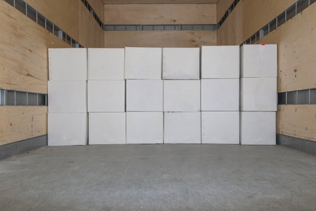 Logistic service outdoors, Open car trunk carrying moving cardboard boxes. White delivery van for house relocation. Transporting items scene. Moving Day Concept.の写真素材