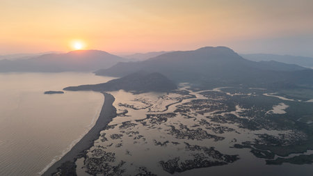 Aerial drone view of Dalyan delta and Iztuzu beach. Turkey. 4Kの写真素材