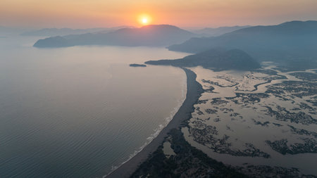 Aerial drone view of Dalyan delta and Iztuzu beach. Turkey. 4Kの写真素材