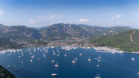 Gocek Marina and Gocek City Drone Photo, Gocek Fethiye, Mugla Turkey (Turkey)の写真素材