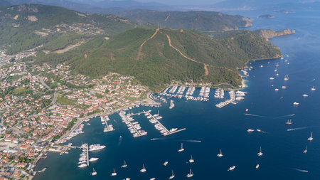 Gocek Marina and Gocek City Drone Photo, Gocek Fethiye, Mugla Turkey (Turkey)の写真素材