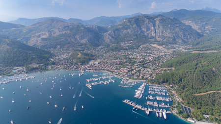 Gocek Marina and Gocek City Drone Photo, Gocek Fethiye, Mugla Turkey (Turkey)の写真素材