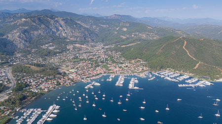 Gocek Marina and Gocek City Drone Photo, Gocek Fethiye, Mugla Turkey (Turkey)の写真素材