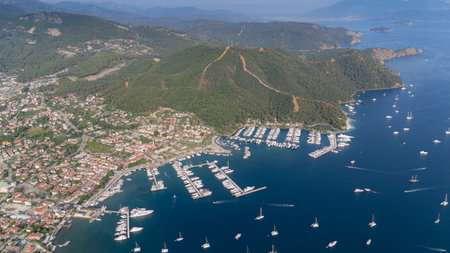 Gocek Marina and Gocek City Drone Photo, Gocek Fethiye, Mugla Turkey (Turkey)の写真素材